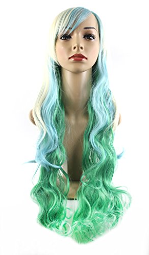 Xiaoyu 14"71cm Harajuku Style Mixed Light Blonde Blue Green Long Female Curly Cosplay Wig