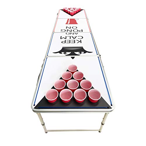 LED Lights Beer Pong Table with Holes for Cups 8' Aluminum Portable Adjustable Folding Indoor Outdoor Tailgate Drinking Party Game Squad Keep Calm and Pong ON 09