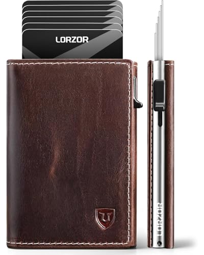 LORZOR Men's Pop Up Wallet RFID Blocking Full Grain Leather Card Holder, Slim Minimalist Bifold with ID Window and Emergency Retrieval Slot (Vintage Brown/Silver)