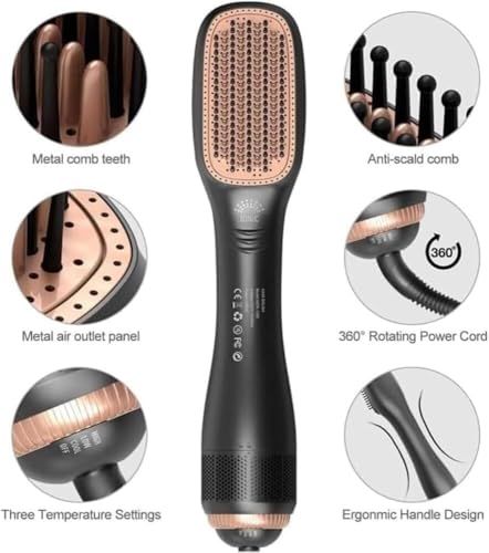Joy Professional 2-in-1 Hot Air Styling Brush – 1200W Hair Dryer & Styler Volumizer with 3 Heat Settings, Ceramic Coating & Anti-Frizz Technology for All Hair Types (Black & Rose Gold) فرشاة الشعر