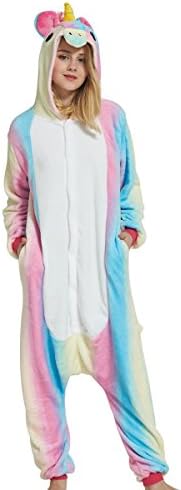 Adult Unisex Flannel Unicorn Animal Onesies Pajamas Onepiece Jumpsuit Cosplay Costume (Pinkrainbow-S)