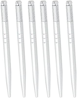 6 Piece Silver Light Manual Tattoo Eyebrow Pen For Permanent Makeup Supplies | Durable Aluminum Pen With Lock-Pin Tech &amp; Ergonomic Grip | Shape Brows,