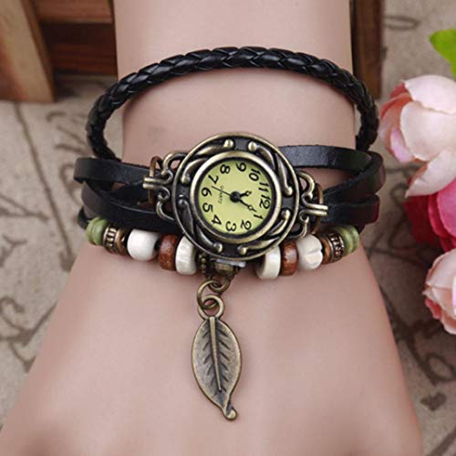 LiPing Brown Retro Weave Wrap Lady Bead Leaf Dangle Bracelet Bangle Quartz Clock Watch (Black) - Thumbnail 3
