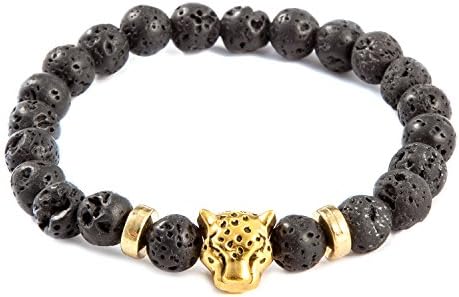 QSKS Leopard Head Charm with Lava Stone Beaded Bracelet for Men(Gold)