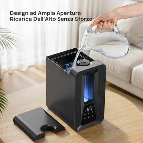 5L Umidificatore Ambiente, Nebbia Fresca Ricarica Dall'Alto Umidificatore Ultrasonico con Diffusore Aromi, Igrostato Smart, Luce Ambientale, 50h/25dB Silenzioso per Casa ufficio Bambini Piante