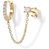Cubic Zirconia Stud 18K Gold Plated Piercing Huggie Earrings Dainty 1 Piece Hoop Earrings Chain for Women Teen Girls Double Piercing Earrings Two Holes By Julia Store