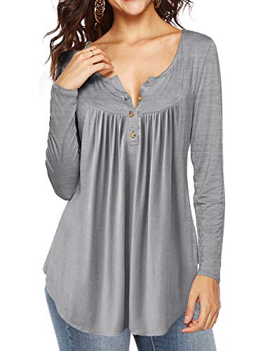 AMCLOS Womens V Neck T-Shirts Swing Ruffle Tops Button up Tunic Blouses Casual Henleys Short/Long Sleeve (Large, Long-Gray)