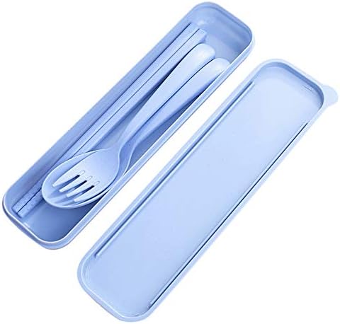 Connia New 1Set Reusable Spoon Fork Travel Chopsticks Wheat Straw Tableware Cutlery (Blue)