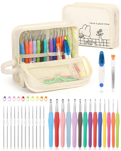 Katech Crochet Hook Set - 26 Size Needles With Standing Case and Extra Long Hooks for Beginners, Adults, Kids - Soft Grip Handle