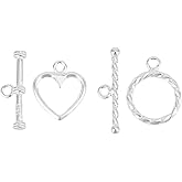 DICOSMETIC 2 Styles Sterling Silver Toggle Clasps Round and Heart Toggle Rings with 925 Stamped T-Ba Closure Connector Bracelet Clasp for Jewelry Making, 2 Sets