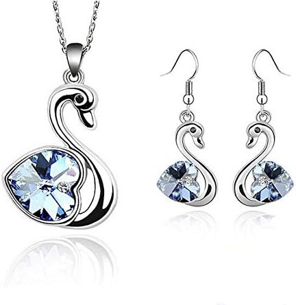Habors 18K White Gold Plated Luminous Blue Romantic Swan Austrian Crystal Pendant Set for Women/Girls (Valentine Gift) …