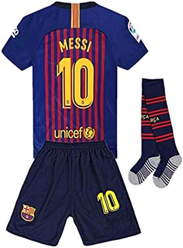 Newkidsjs Barcelona #10 Messi Kids and Youth Soccer Jersey & Shorts & Socks 2018-2019 Home Red/Blue 13-14Years/Size 28