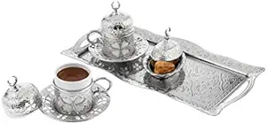 Nostalgic Turkish Coffee Cups and Saucer Set of 2 with Serving Tray, Espresso Cup Set, Arabic Greek Coffee Serving Set, Demitasse Coffee Mug, Perfect Housewarming Wedding Gifts, Color: Silver