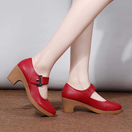 Womens Buckle Strap Dance Leather Shoes - Rumba Waltz Prom Latin Tango Ballroom Party Block Heel PU Dance-Shoes (Red, US:7) - Thumbnail 3