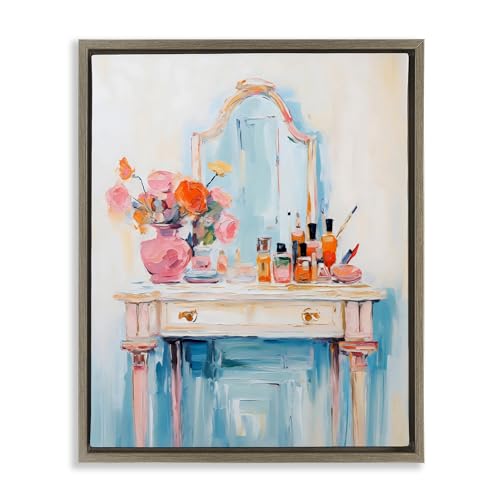 Stupell Industries Vanity with Cosmetic Bottles Brown Framed Floater Canvas Wal…