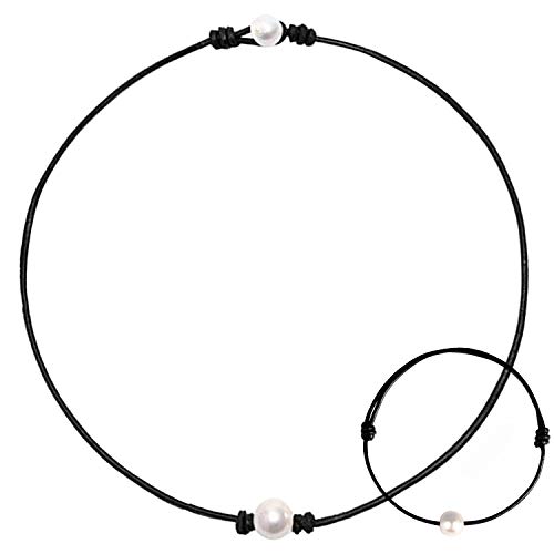 Forever & Ever 2 Pack Leather Pearl Choker Necklace - Exquisite Real Natural Freshwater Pearl Handmade Cowhide Leather Choker Necklaces for Women and Girls, Skin Maintenance