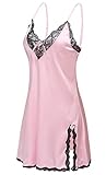 Halife Women's Sexy Sling V-neck Lace Trim Satin Chemises Slip Sleepwear (S, Pink)