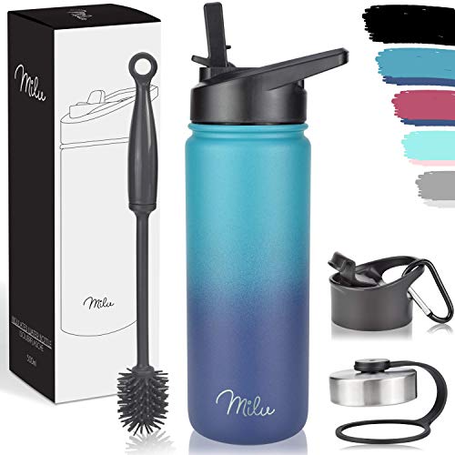 Milu Edelstahl Trinkflasche 500ml, 750ml, 1000ml (+3 Deckel) - Thermosflasche mit Strohhalm, Isolierte Wasserflasche, Auslaufsichere Isolierflasche doppelwandig, Kohlensäure geeignet (Grün Blau, 0,5L)