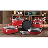 The Pioneer Woman Vintage Speckle 10-Piece Non-Stick Pre-Seasoned Cookware Set, Red Dishwasher Safe