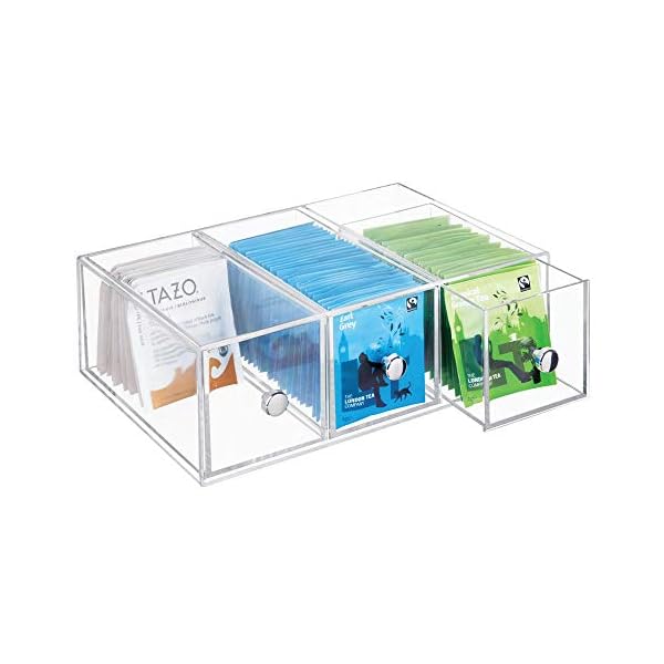 mDesign-Plastic-Kitchen-Pantry-Cabinet-Countertop-Organizer-Storage-Station-with-3-Drawers-for-Coffee-Tea-Sugar-Packets-Sweeteners-Creamers-Drink-Pods-Packets-4-Pack-Clear mDesign Handy Tea Box Storage Unit with Room for Different Types of Teabags – Sturdy Storage Box for Use in The Kitchen…