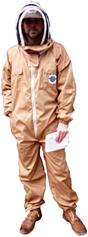 Honey Bee Safe Beekeeper Suit Beekeeping Coverall Suit with Detachable Hooded Veil in 100% Cotton in Bee Calming Colors and Supple Leather Gloves, Mocha Men and Women (Large)