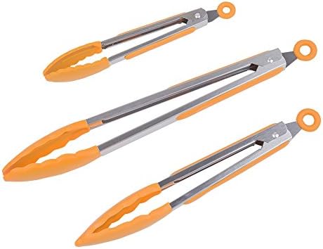 FindNew Stainless Steel Silicone Locking Kitchen Tongs-Rubber Tips and Clip,Heavy Duty, Non- Stick,Heat Resistant Utility Tong(Set of 3, Orange)