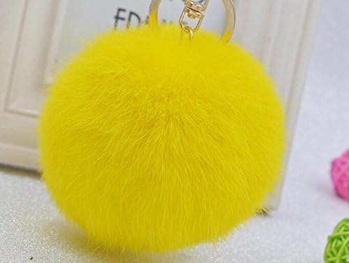 Cy3Lf Gold Plated Keychain Cute Genuine Rabbit Fur Ball Pom Pom Keychain for Car Key Ring Handbag Tote Bag Pendant Charm (Yellow)