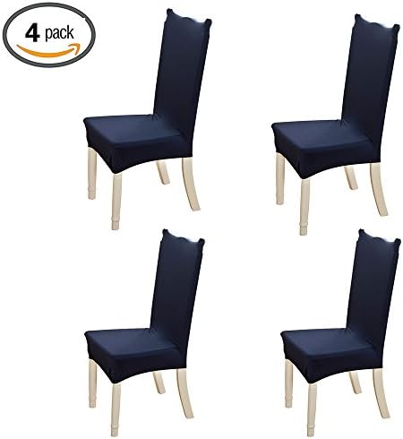 Kukcone 4 Pcs Stretchy Dining Room Short Chair Covers Wrinkle Resistant Washable Wear Resisting Quick Installation (4, Navy Blue)