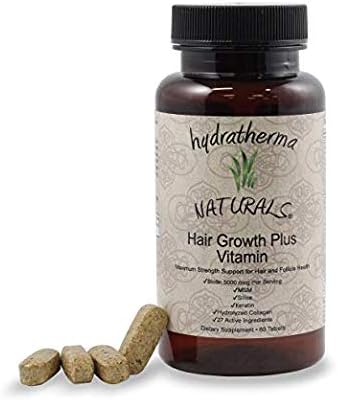 Hydratherma Naturals Hair Growth Plus Vitamin with 5000mcg Biotin to Support Faster, Longer, Fuller Hair Growth. 27 Natural Ingredients for Strong Hair, Skin & Nails. Maximim Strength 60 Tablets