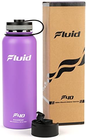 Insulated Stainless Steel Water Bottle By Fluid Sports (Huckleberry) - 40 Oz, Wide Mouth, BPA Free, Bonus Flip-top Lid Included