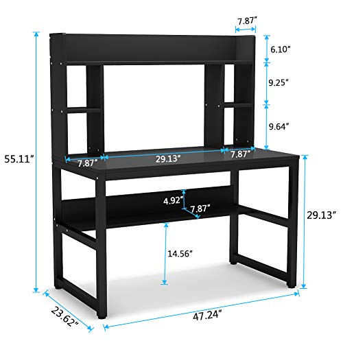 Tribesigns Computer Desk with Hutch, 47 Inches Modern Writing Desk with Storage Shelves, Compact Office Desk Study Table Workstation for Home Office, Black + Black Legs
