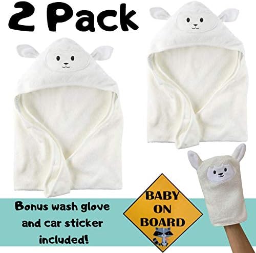 Organic Bamboo Baby Hooded Towel (2-Pack) | Bonus Wash Glove and Car Sticker | Ultra Soft and Super Absorbent Toddler Hooded Bath Towel with Cute Lamb Face Design | Great Infant/Newborn Shower Gift