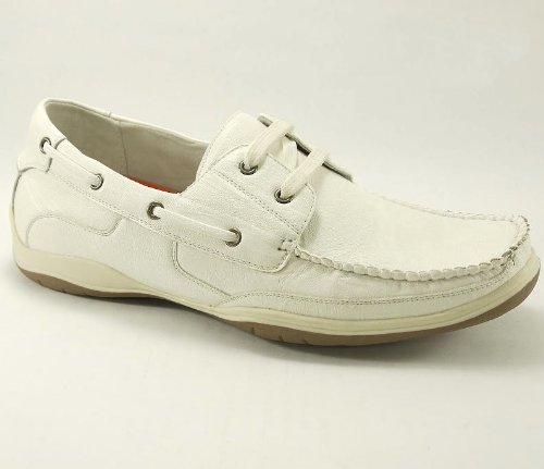 Delli Aldo Mens Lace up Deck Boat Shoes White Leather