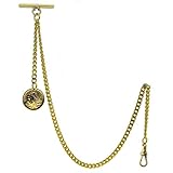 Gold Albert Chain Pocket Watch Curb Link Chain Fob T Bar + Swivel Clip + Ancient France Coin Design Medal Fob AC78