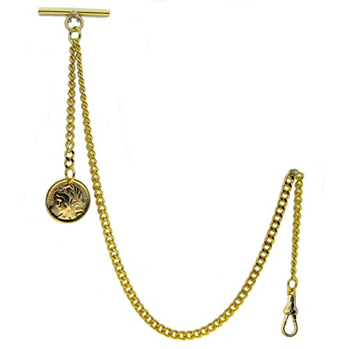 Gold Albert Chain Pocket Watch Curb Link Chain Fob T Bar + Swivel Clip + Ancient France Coin Design Medal Fob AC78