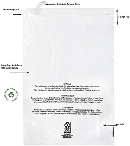 100 8x10 Self Seal Clear Poly Bags with Suffocation Warning - Strong Glue with Anti-static Strip, Vent Holes, 1.5 Mil