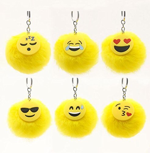 6Pack Funny Emoji Keychains,Yellow Faux Fux Ball Key Ring Decoration Birthday Party Favor Supplies for Kids