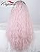 K'ryssma Baby Pink Lace Front Wigs Ombre Long Curly Synthetic Wig with Black Roots Middle Part Heat Resistant Light Pink Wig for Women 24 inches