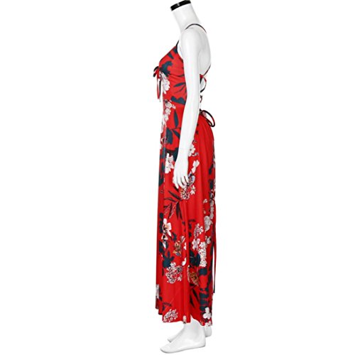 Nikuya Women Floral Print Cross Strap High Waist Split Casual Sleeveless Sling Dress (Red, S) - Thumbnail 6