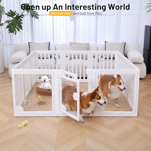 KAPEICamper Dog Playpen, Clear Acrylic Pet Puppy Enclosure Cat Rabbit Play Pen, Easy Assemble Foldable Crate Whelping Box for Medium Dogs with Gate (White, L, 12 Panels)