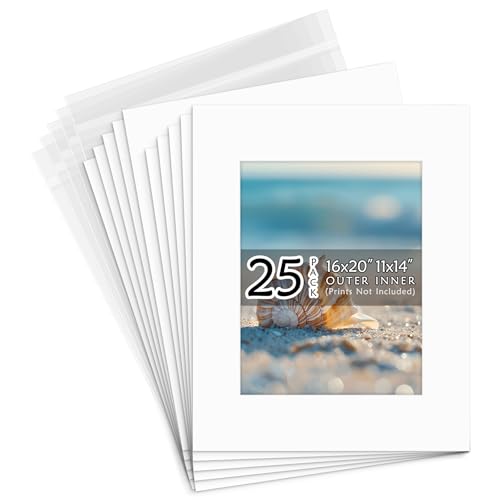 Golden State Art, Acid Free, Pack of 25, 16x20 White Picture Mats Mattes with White Core Bevel Cut for 11x14 Photo + Backing + Bags