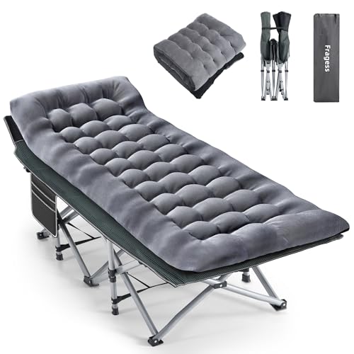 Fragess Camping Cot, Sleeping Cots for Adults, Portable Camping cots with Mattress, Pillow and Carry Bag, 1200D Double Layer Oxford, 600 LBS Weight Capacity Cots for Sleeping(Grey+Black)