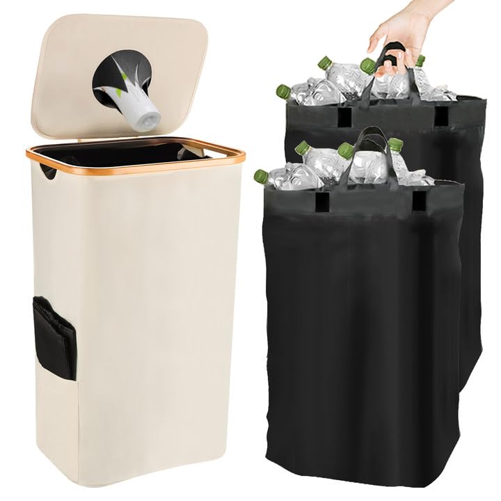 Deposit Bottle Collector Bins with Lid,105L Kitchen Bottle Storage Bin with 2 Carrying Bags,Recycling Bin for Kitchen Home,Deposit Container Storage Empty Bottle Collector for Kitchen (Beige)
