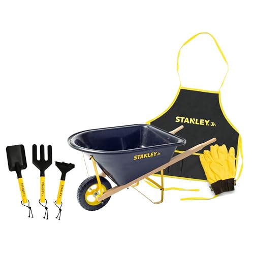 Stanley Jr. Kids Wheelbarrow Set – 6-Piece Durable Toddler Wheelbarrow & Garden Tools – Child Outdoor Toy for Ages 3+ – Fun, Educational Backyard Play with Apron, Gloves & Tools