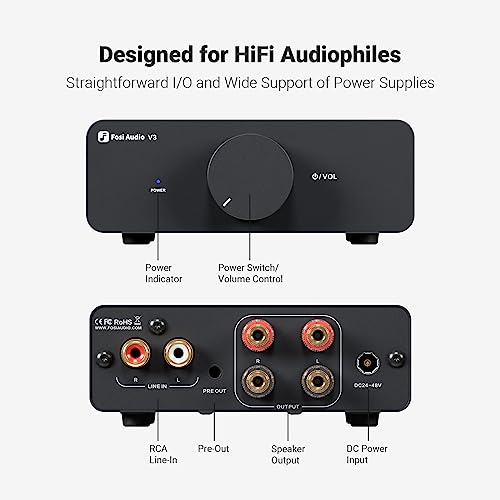 Fosi Audio V3 Stereo Amplifier Home Audio 300 Watts x2 Power TPA3255 Class D Mini Speaker Amp 2 Channel Audio Component for Passive Bookshelf Tower Speakers Desktop Home Theater with 48V Power Supply