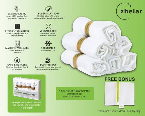 Luxury Ultra Soft Washcloth Set by ZHELAR | 100% Organic Bamboo, Hypoallergenic, & Extra-Absorbent for Sensitive & Delicate Skin | Perfect Baby Shower Gift + Bonus Laundry Bag
