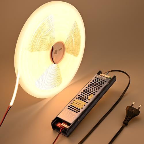 BENLUN COB IC LED Strip 24V 20M 3000K Warm White 480LEDs/M CRI 90+ Constant Current Power Supply Included LED Strip for Indoor Bedroom Ceiling Office Kitchen Decoration