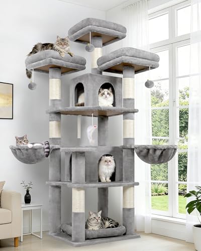 Globlazer Stable Cat Scratching Post 174 cm with 3 Padded Perches, 2 Cat House, 2 Baskets, Removable Pet Bed, Sisal Posts, Castle Cat Tree for 2-4 Adults Cats Indoor (F68B, Light Grey)