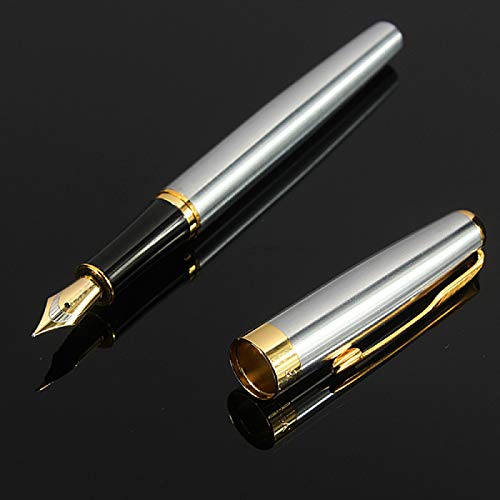 Jinhao Baoer 388 Stainless Steel Fountain Pen Writing Set - Pen + 5pk BLACK Cartridges...(Black Ink Cartridges, Baoer 388 Pen (Stainless Steel)