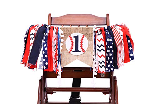 Baseball Banner For 1 St Birthday - First Birthday Decorations For Baseball Rag Tie Fabric Garland, Photo Booth Props Red White Blue, Birthday Souvenir And Gifts For Boy